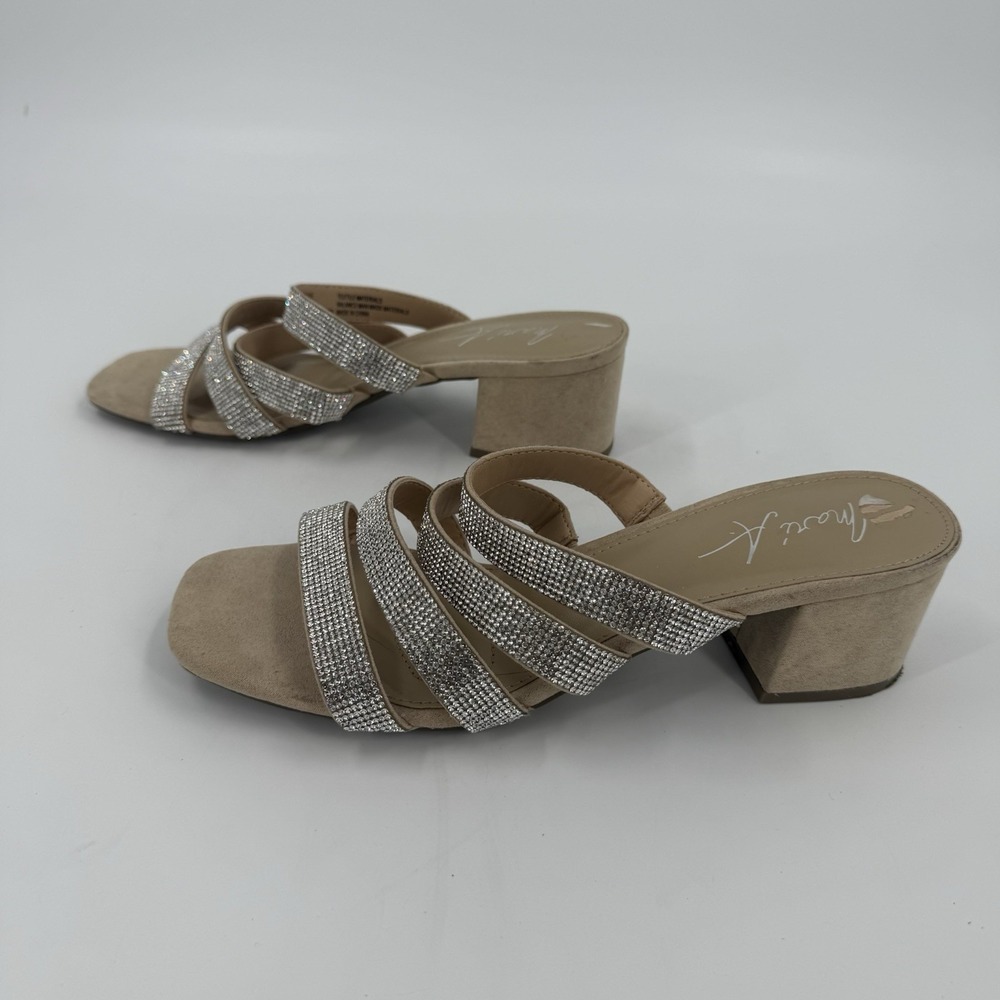 Rhinestone Strappy Block Heel Slide Sandals Nude Beige Women's 9M - Picture 1 of 5